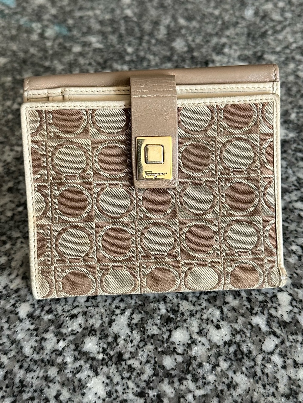 Salvatore Ferragamo Beige and Brown Logo Canvas Wallet with Gold Hardware